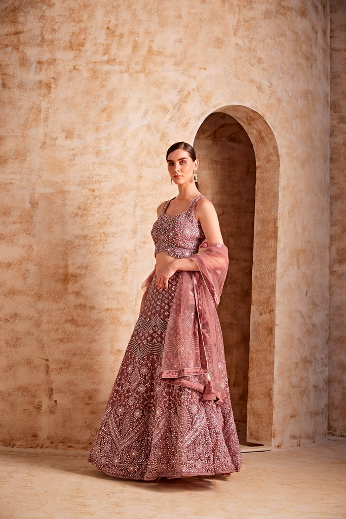 Neerus Pink net embellished lehenga set - side view