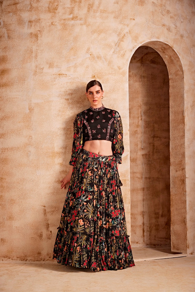 Neerus Black Color Chiffon Fabric Floral Ghagra Set