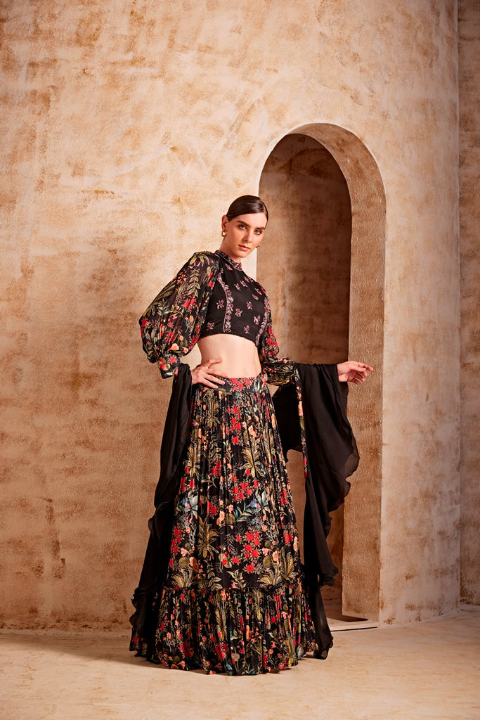 Neerus Black Color Chiffon Fabric Floral Ghagra Set