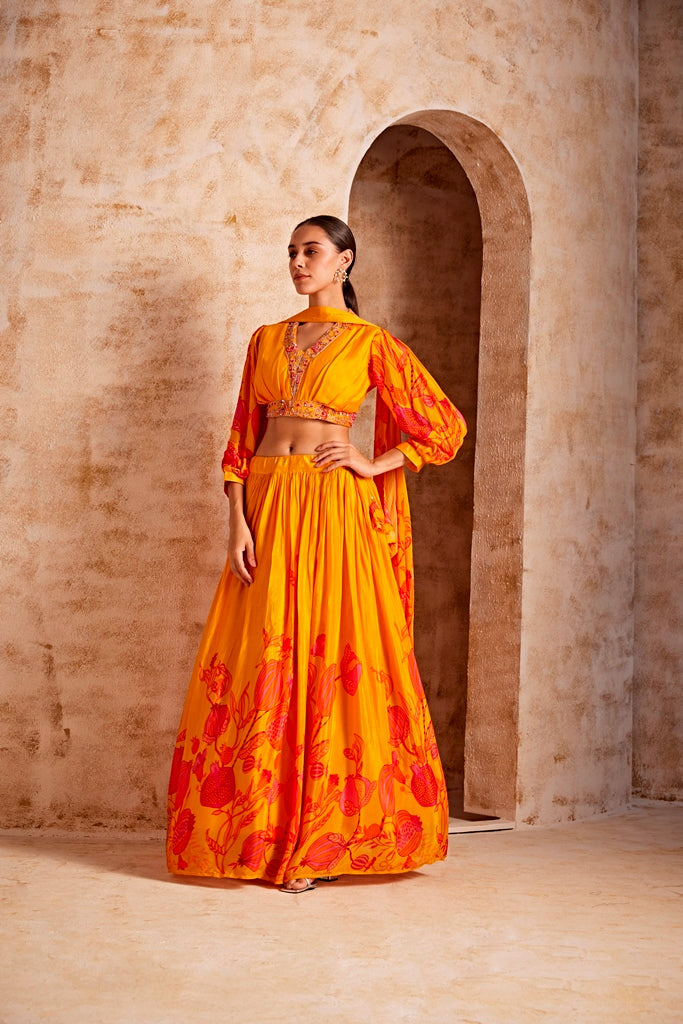 Neerus Yellow printed floral lehenga set - back view