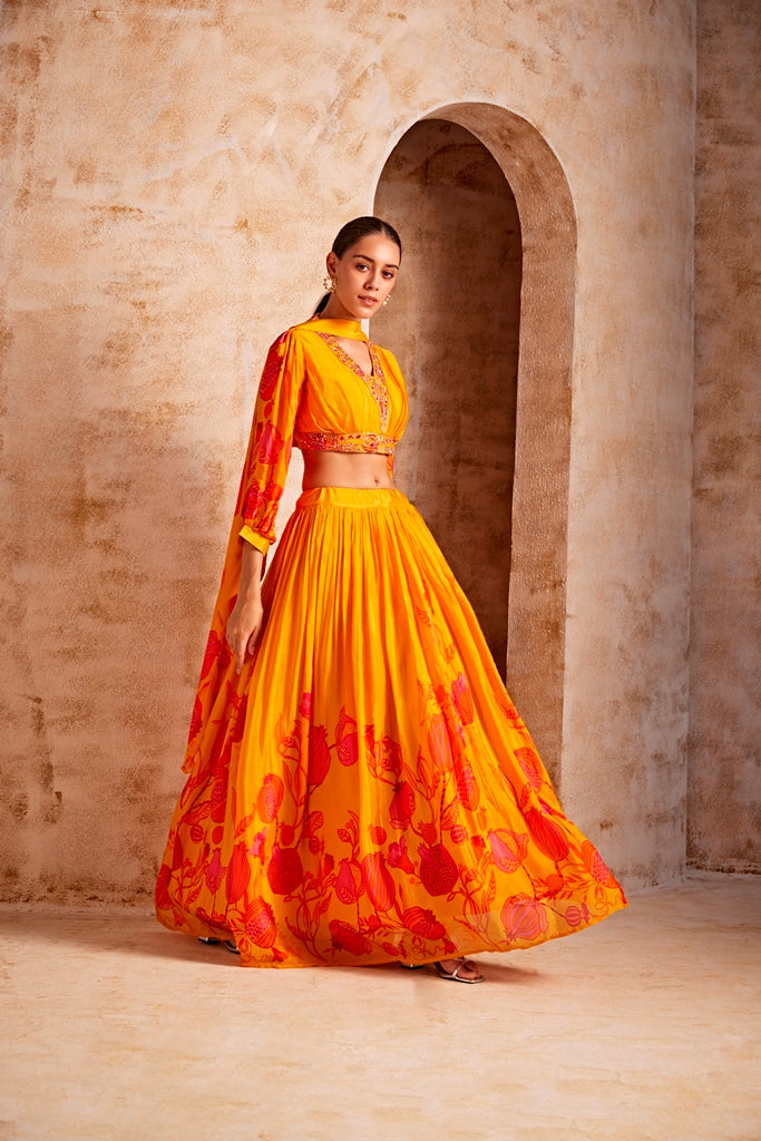 Neerus Yellow printed floral lehenga set - front view