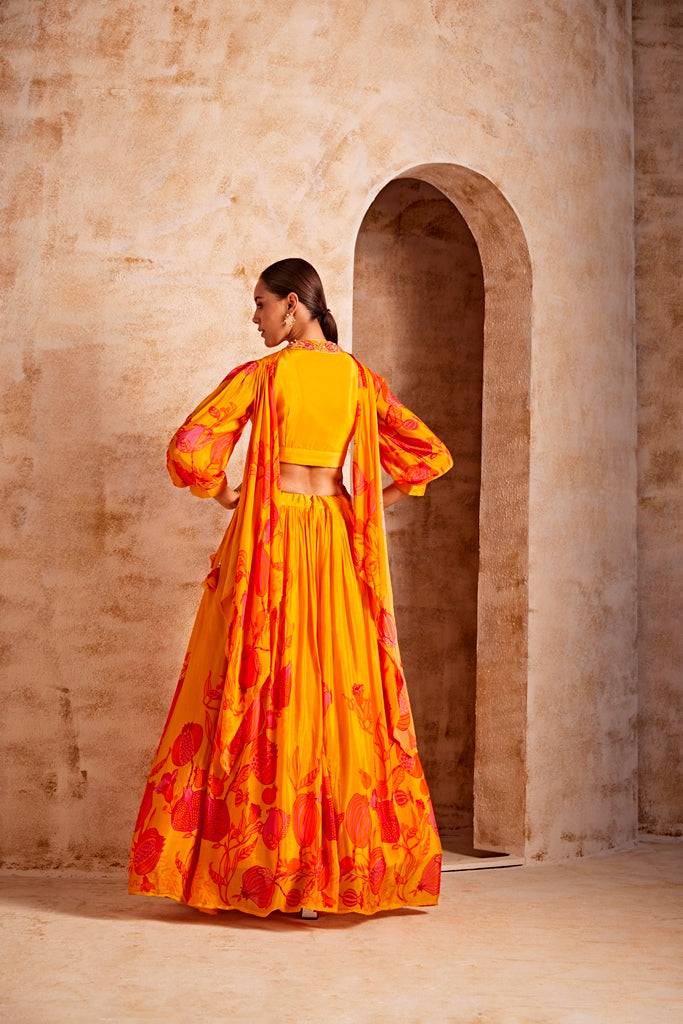 Neerus Yellow printed floral lehenga set - side view