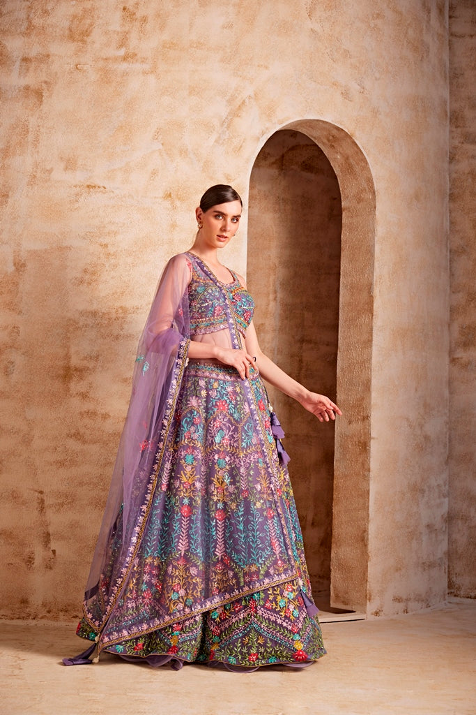 Neerus Maroon net embroidered lehenga set - back view