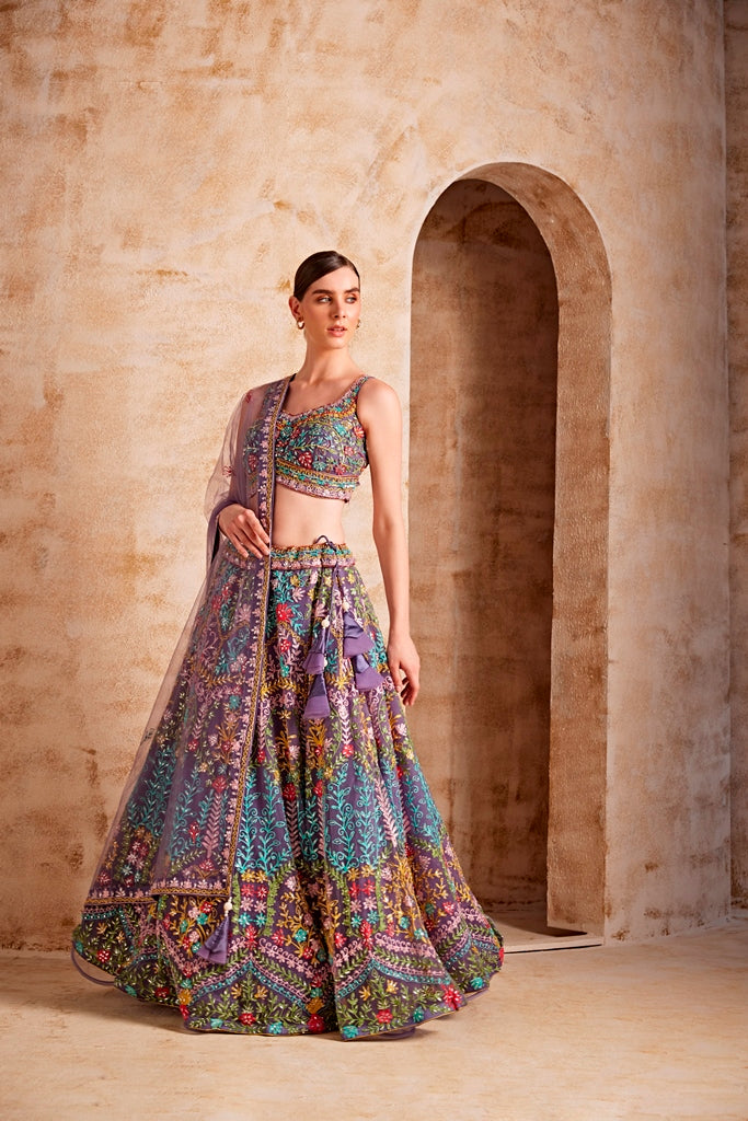 Neerus Maroon net embroidered lehenga set - front view