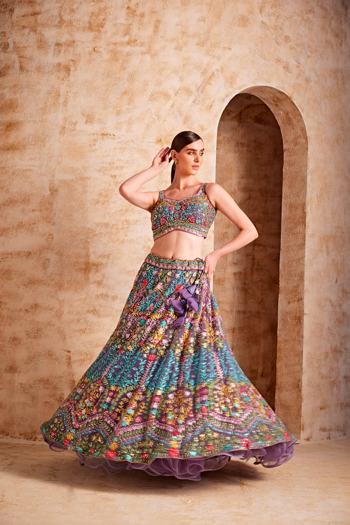 Neerus Maroon net embroidered lehenga set - side view