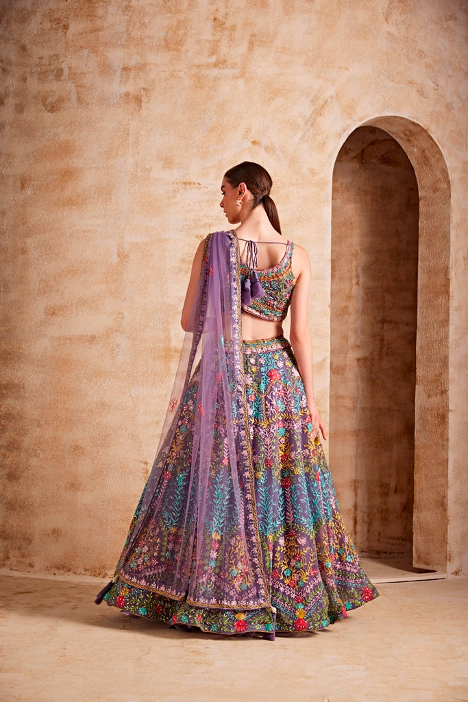 Neerus Maroon net embroidered lehenga set - detail view 1