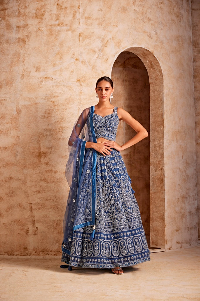 Neerus Blue embroidered lehenga set - front view