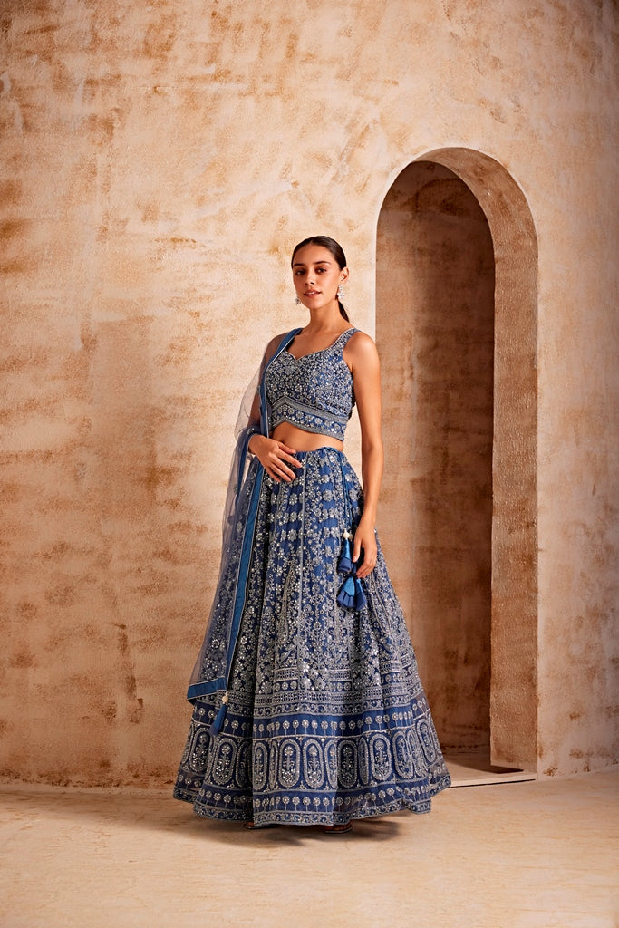 Neerus Blue embroidered lehenga set - back view