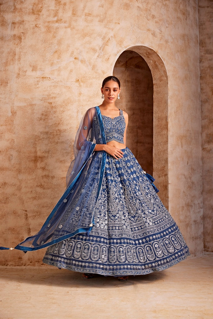 Neerus Blue embroidered lehenga set - side view