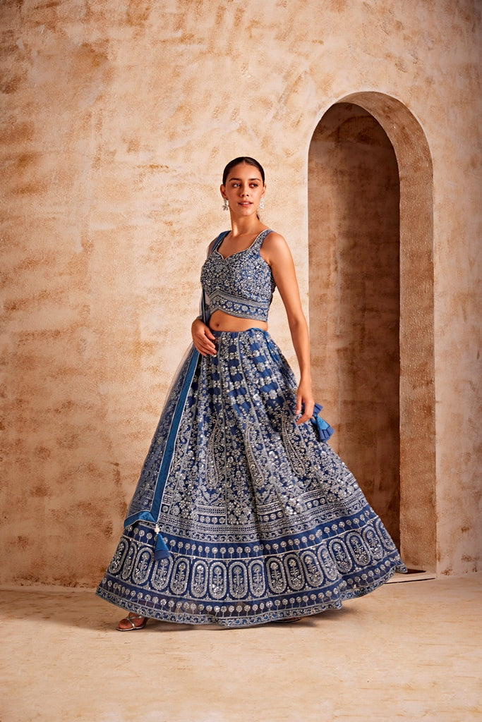 Neerus Blue embroidered lehenga set - detail view 1