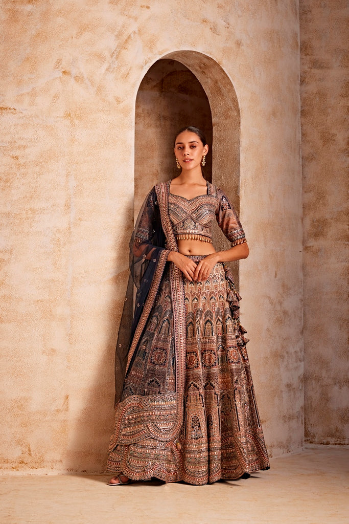 Neerus Blue embroidered flared lehenga set - front view