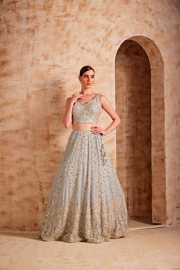 Neerus Grey net embellished lehenga set - back view