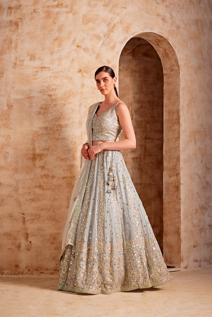 Neerus Grey net embellished lehenga set - side view