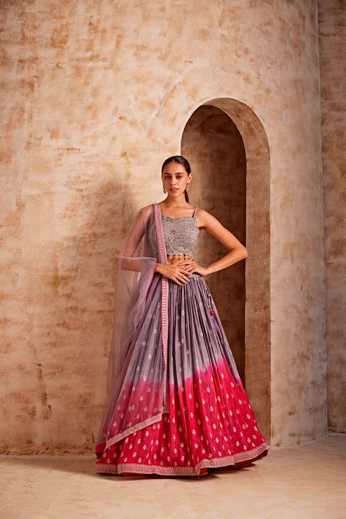 Neerus Pink crepe embellished lehenga set - front view
