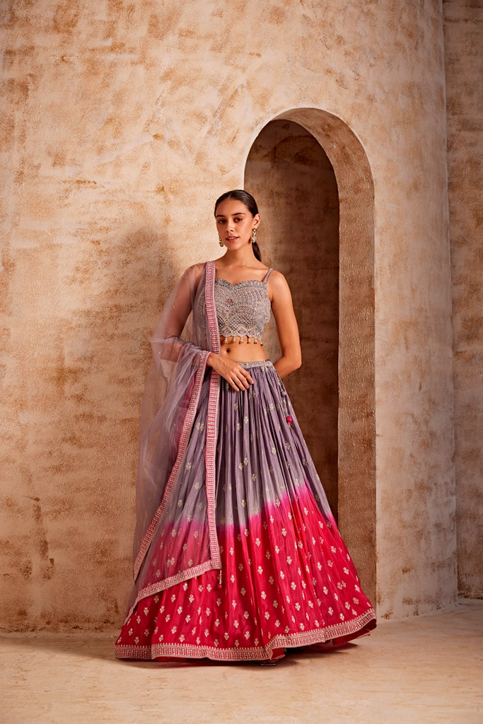 Neerus Pink silk embroidered lehenga set - back view