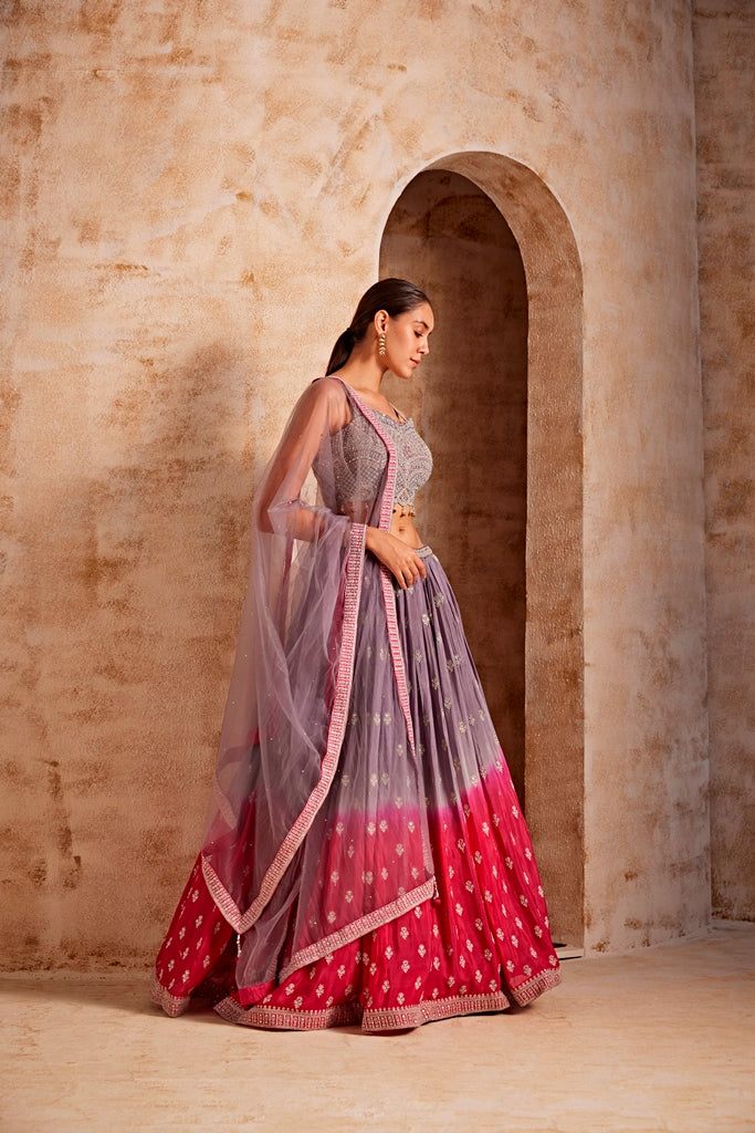 Neerus Pink crepe embellished lehenga set - side view