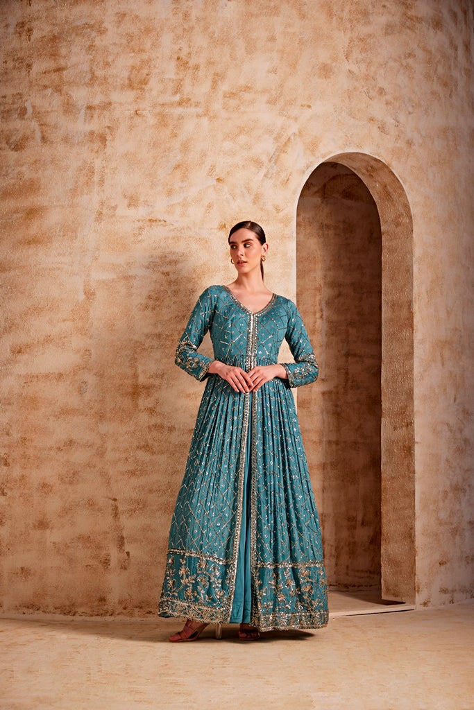Neerus Blue crepe solid dress - front view
