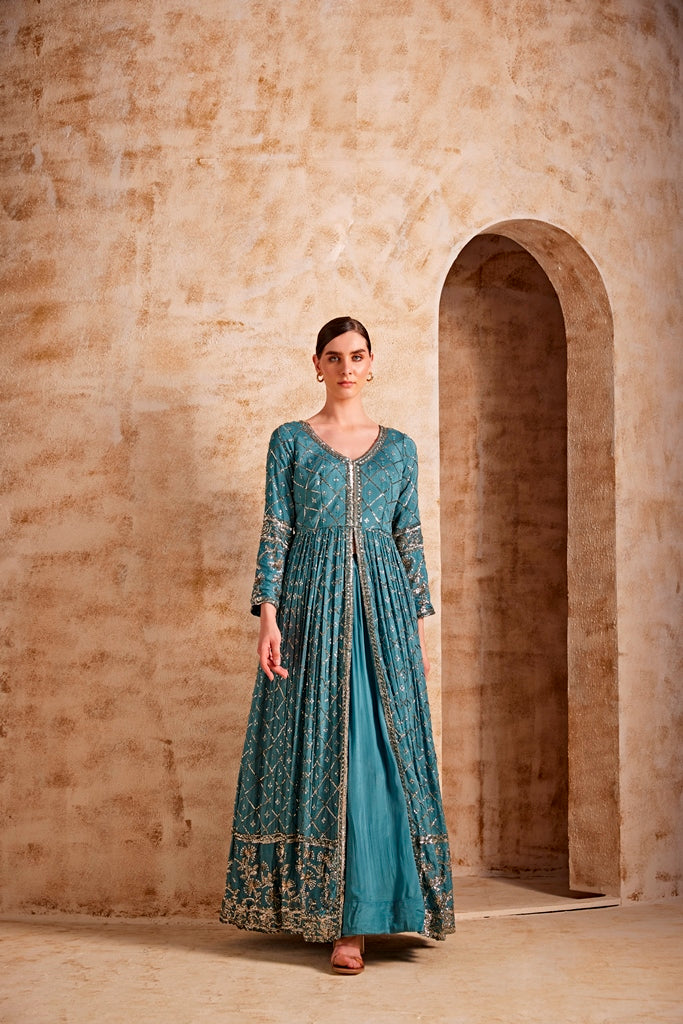Neerus Blue crepe solid dress - back view