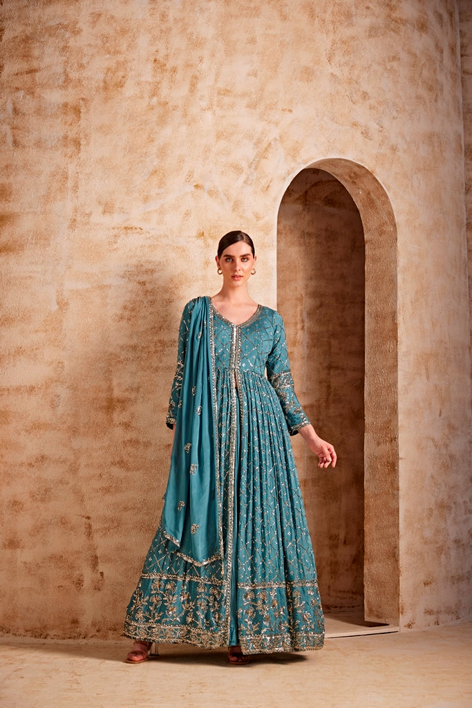 Neerus Blue crepe solid dress - side view