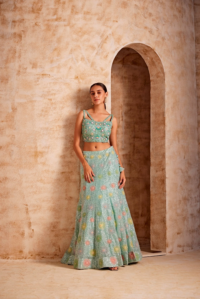 Neerus Green net embellished lehenga set - back view