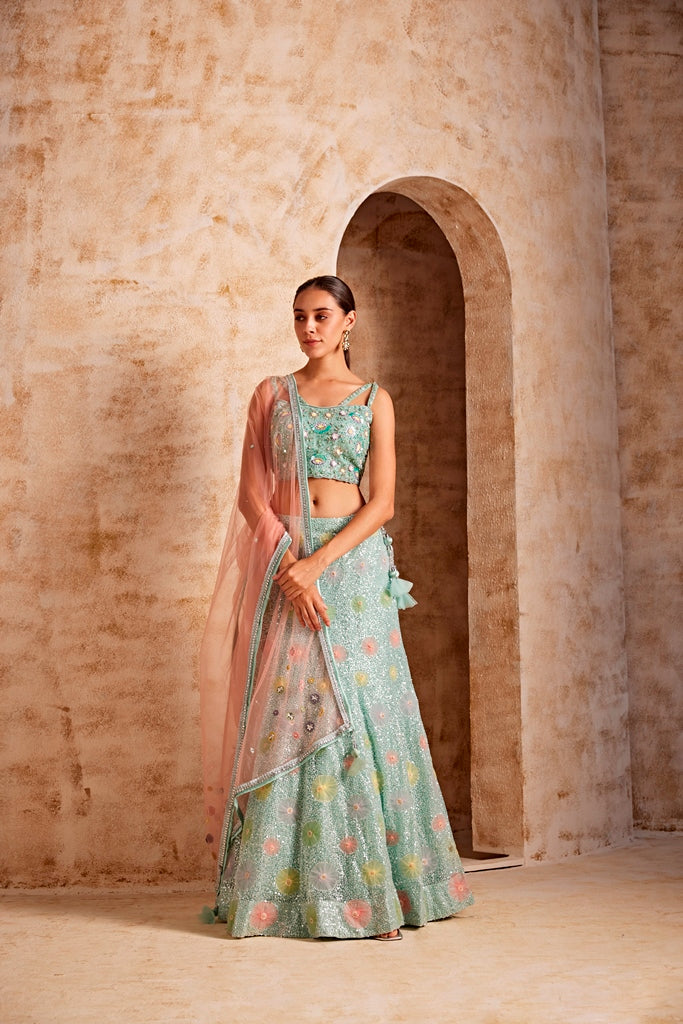 Neerus Green net embellished lehenga set - front view