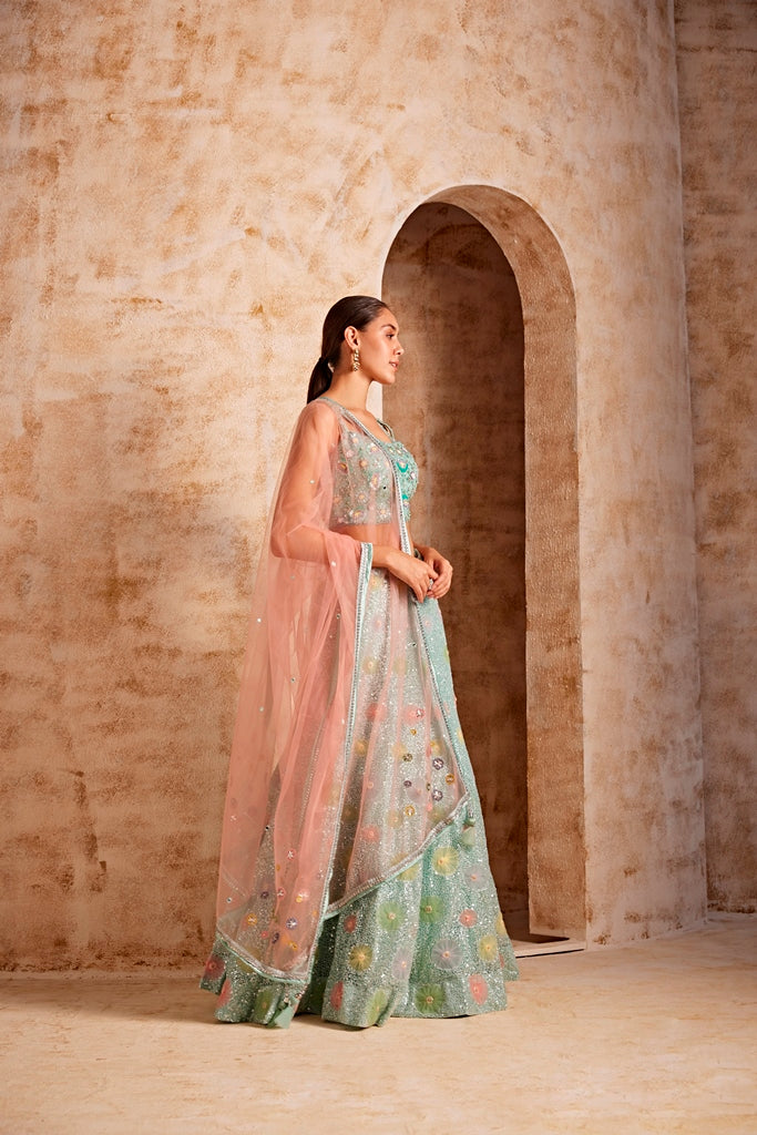 Neerus Green net embellished lehenga set - detail view 1