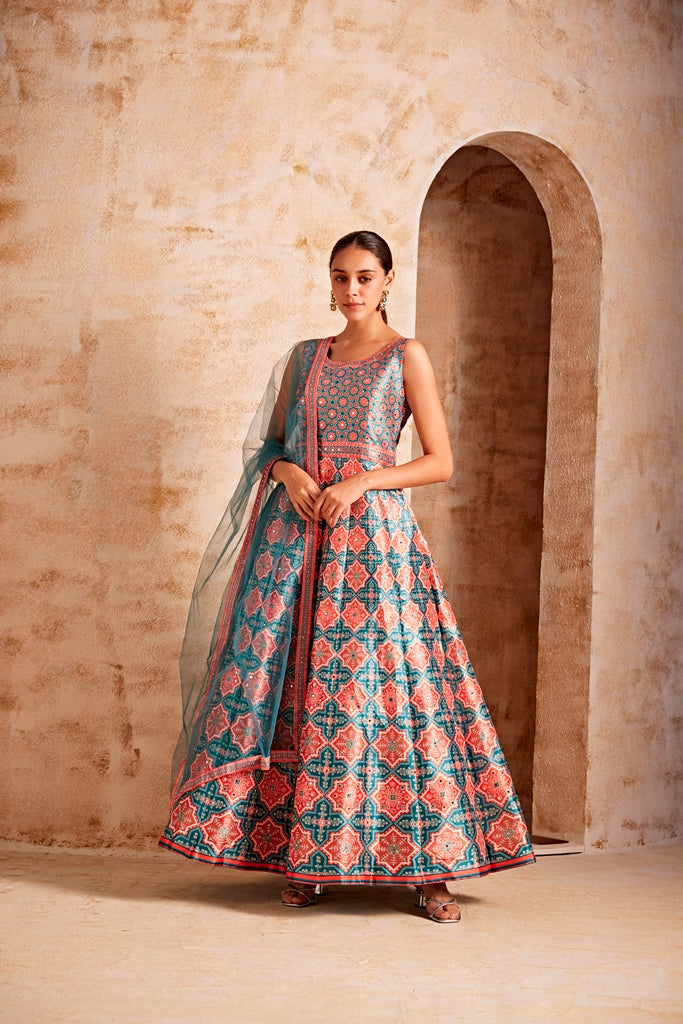 Neerus Green georgette embroidered lehenga set - front view