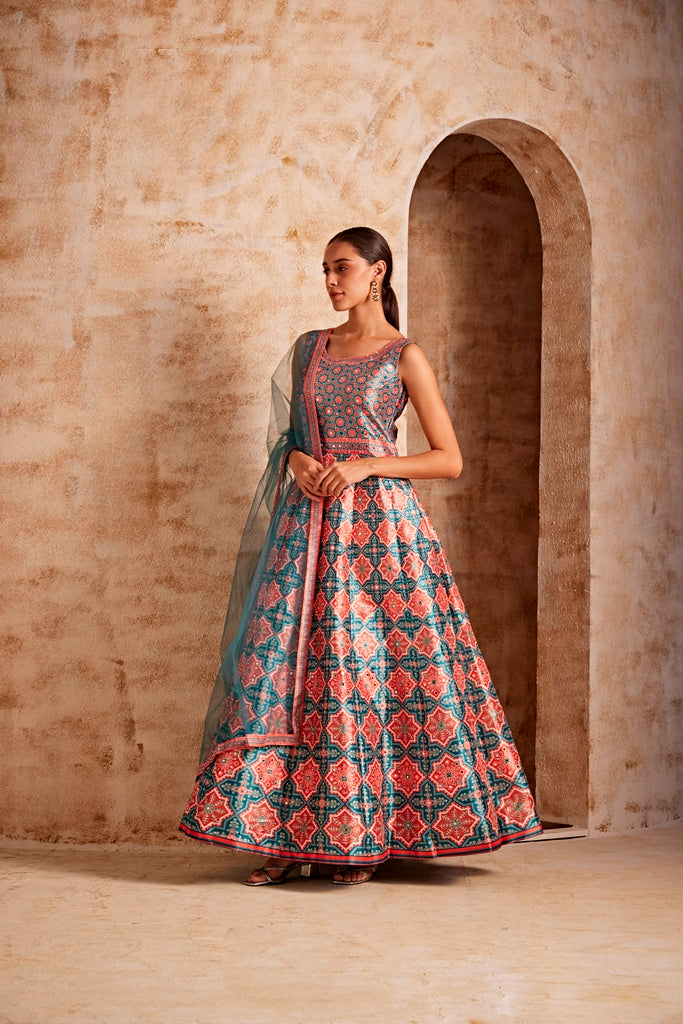 Neerus Green georgette embroidered lehenga set - back view