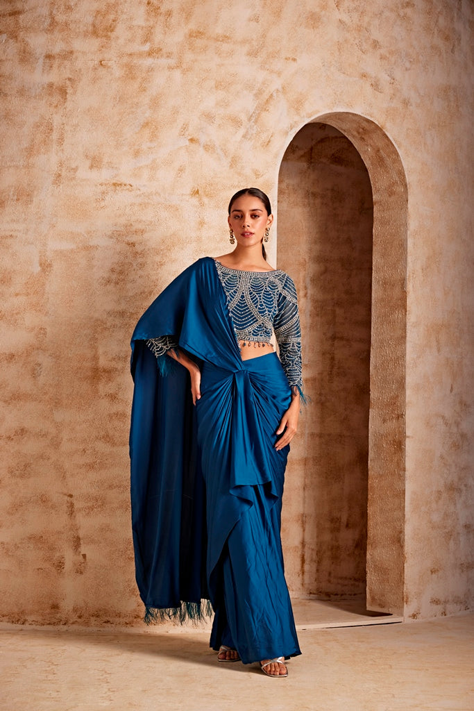 Neerus Blue satin embellished lehenga set - front view