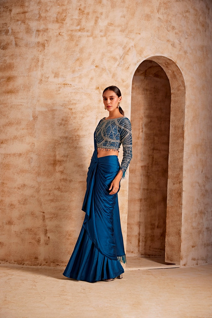 Neerus Blue satin embellished lehenga set - back view