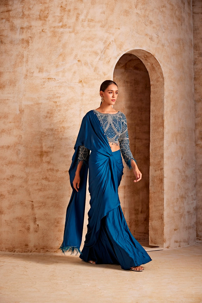 Neerus Blue satin embellished lehenga set - side view