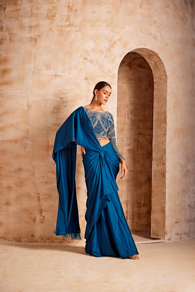Neerus Blue satin embellished lehenga set - detail view 1