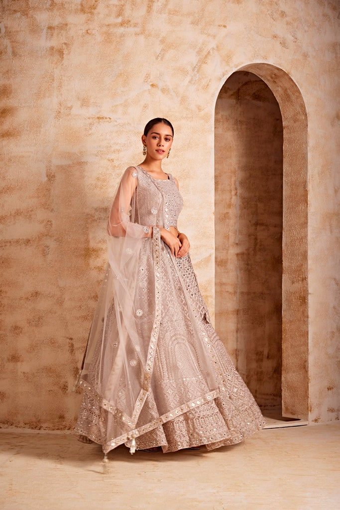 Neerus Beige net embellished lehenga ghagra set - detail view 1