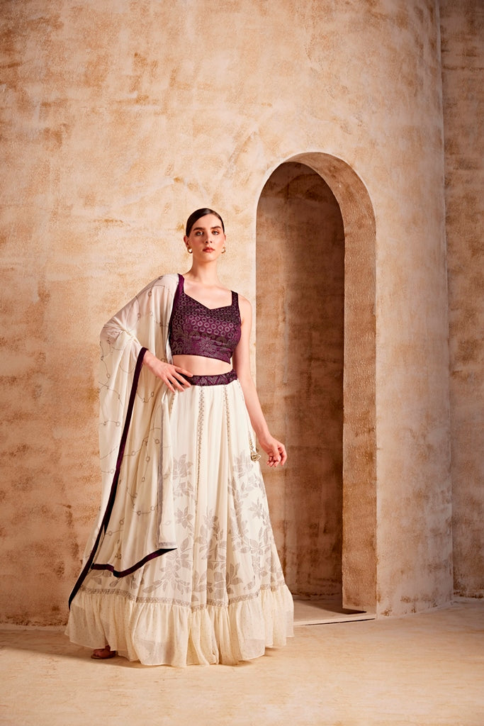 Neerus Maroon embroidered lehenga ghagra set - front view
