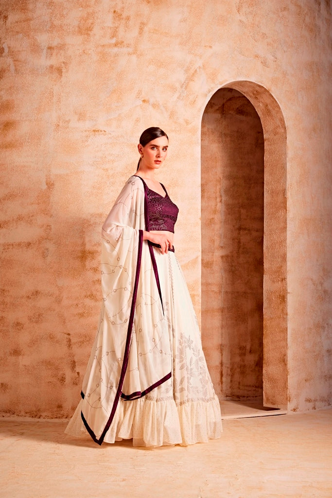 Neerus Maroon embroidered lehenga ghagra set - back view
