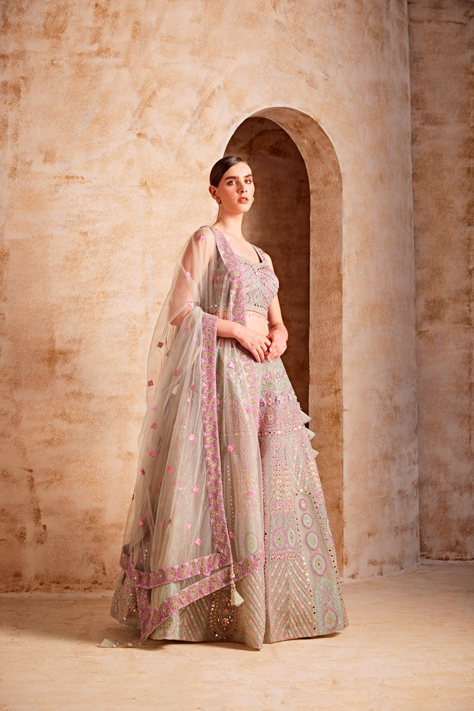 Neerus Green net embellished lehenga ghagra set - back view