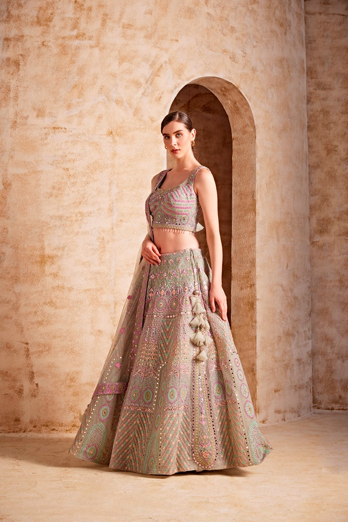 Neerus Green net embellished lehenga ghagra set - side view