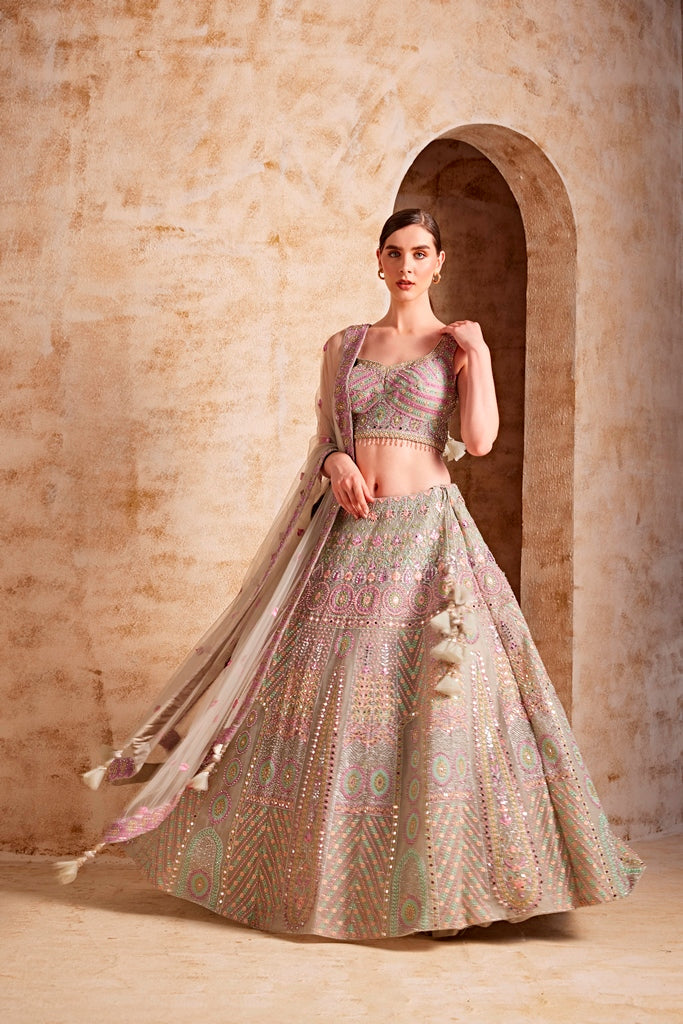 Neerus Green net embellished lehenga ghagra set - front view