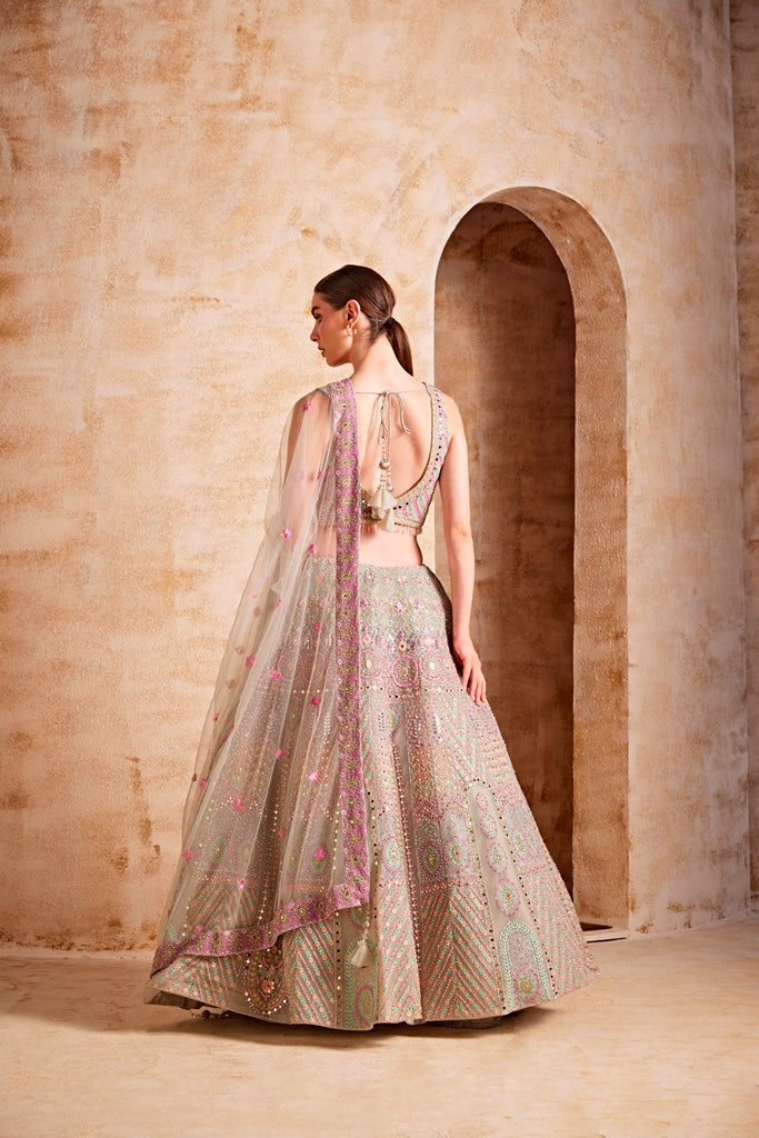 Neerus Green net embellished lehenga ghagra set - detail view 1