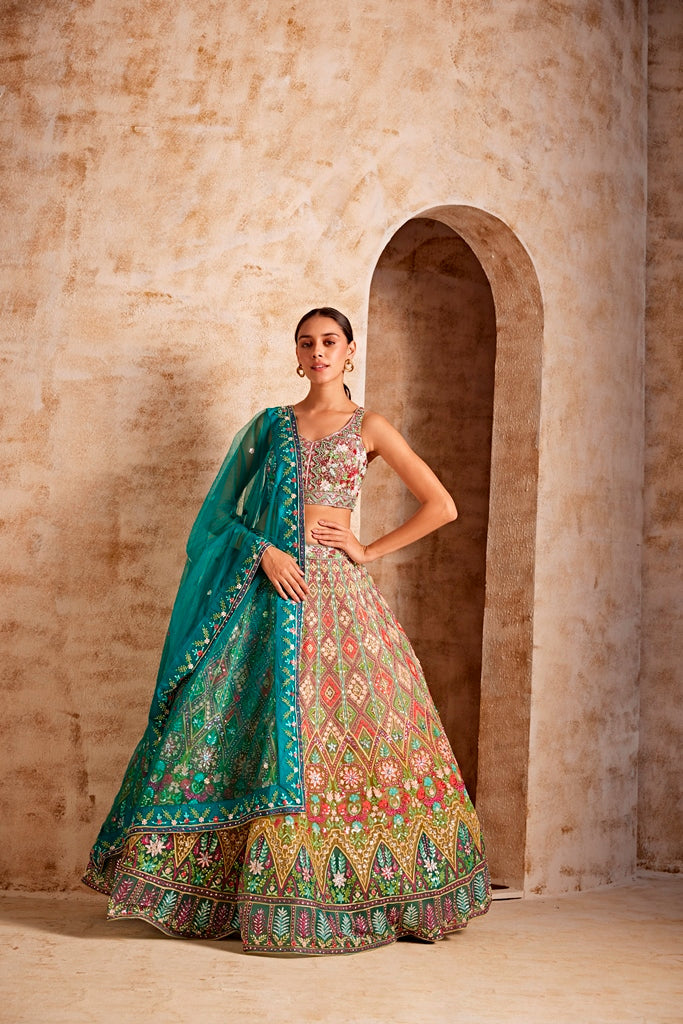 Neerus Green net embellished lehenga ghagra set - front view