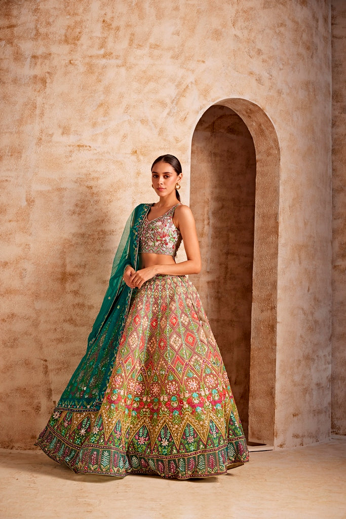 Neerus Green net embellished lehenga ghagra set - back view