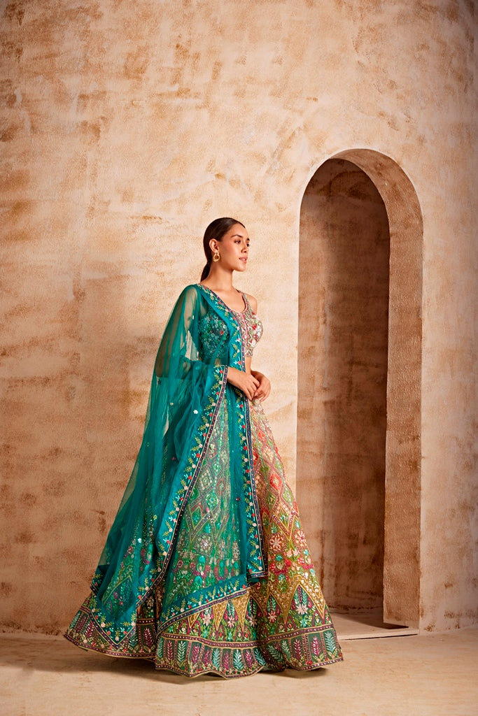 Neerus Green net embellished lehenga ghagra set - detail view 1