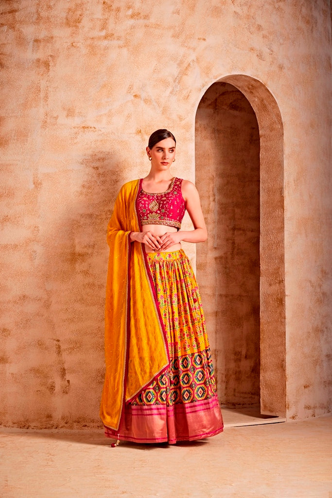 Neerus Pink silk embellished lehenga set - front view