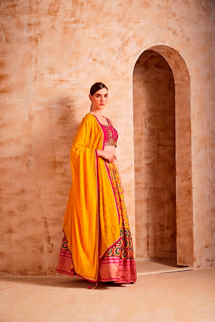 Neerus Pink silk embellished lehenga set - back view