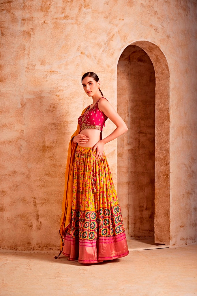 Neerus Pink silk embellished lehenga set - side view
