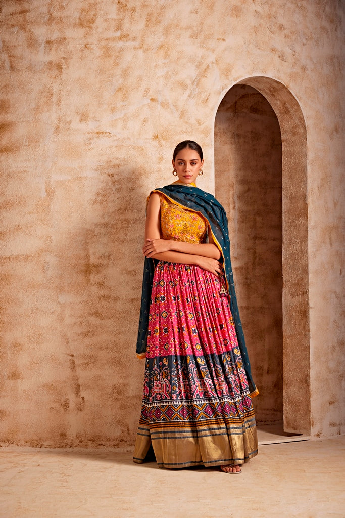 Neerus Yellow satin embroidered lehenga set - front view