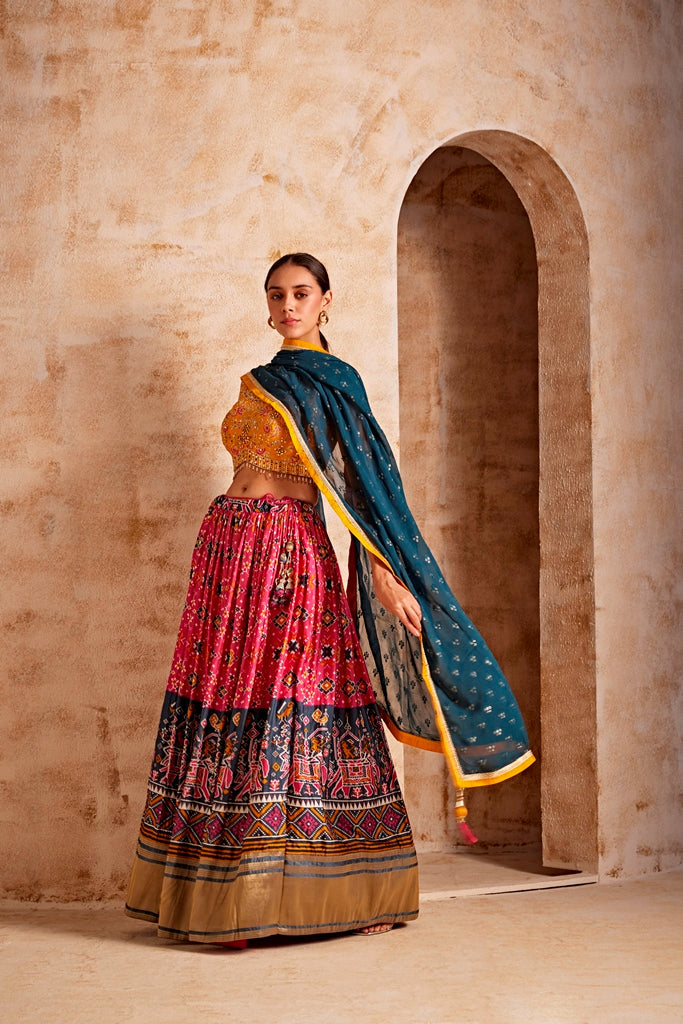 Neerus Yellow satin embroidered lehenga set - back view