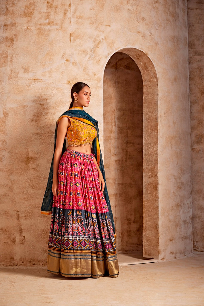 Neerus Yellow satin embroidered lehenga set - side view