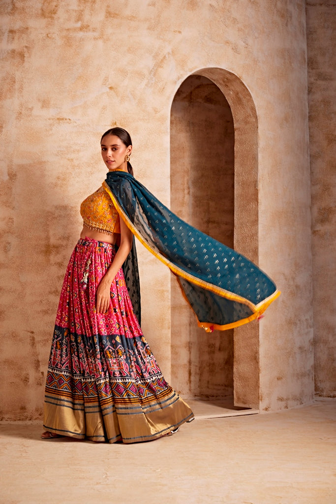 Neerus Yellow satin embroidered lehenga set - detail view 1