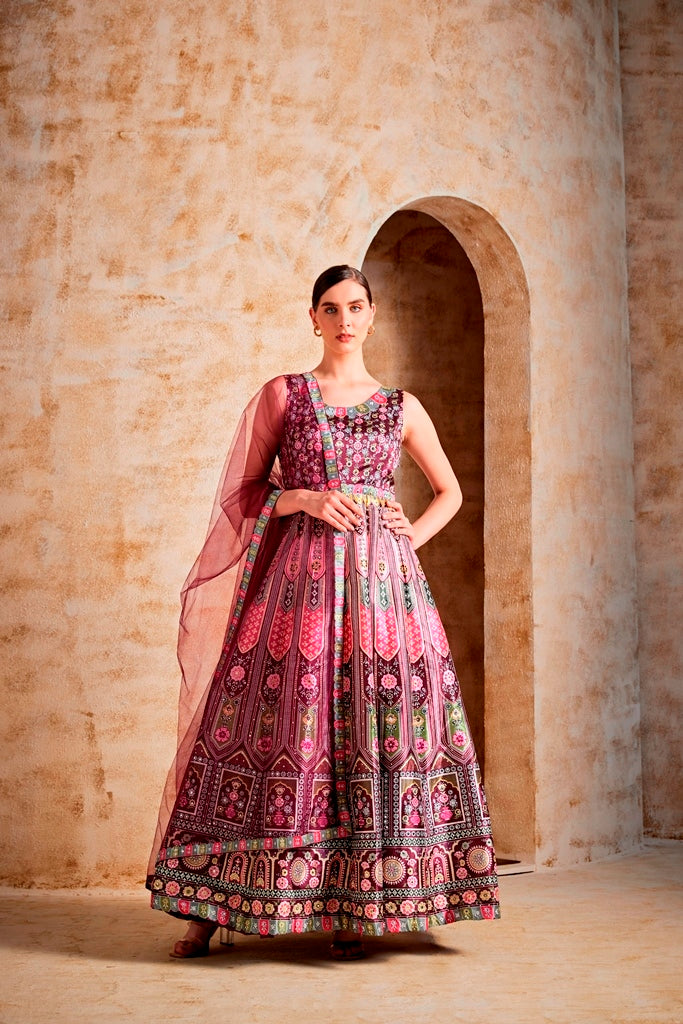 Neerus Maroon silk gown - front view